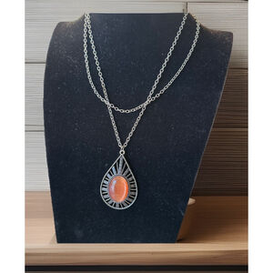 Vtg Long 37” Pumpkin Glow Amber Orange Fall Necklace Tear Drop Filigree SilverTn